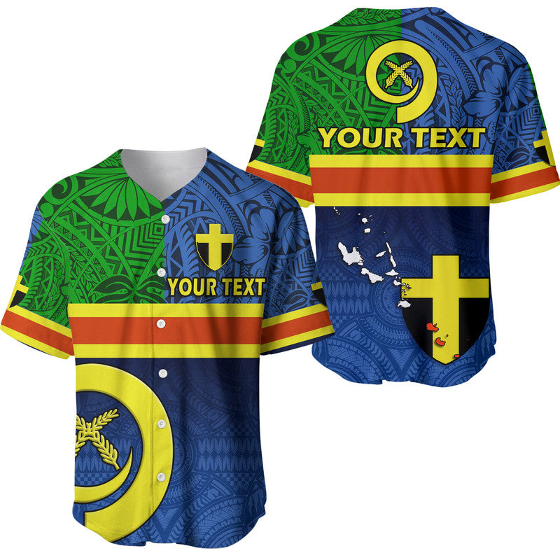 Blue baseball jersey with green/yellow graphic panel, stripes, crest and button front