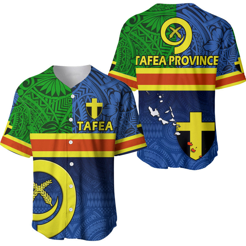Blue baseball jersey with green and yellow accents, Tafea crest and province text