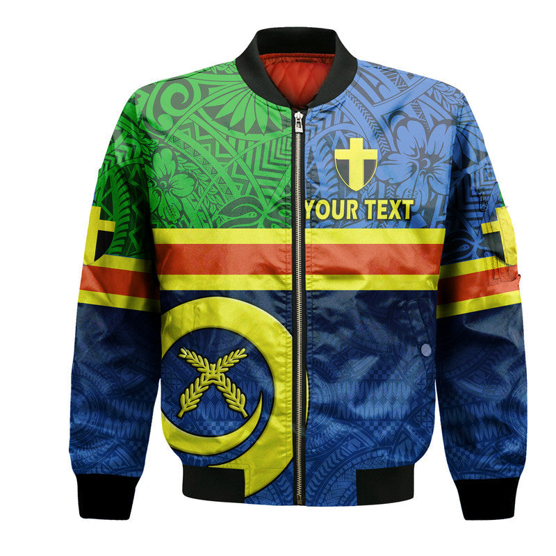 Blue bomber jacket with front zipper and Vanuatu flag graphic, yellow accents, unisex