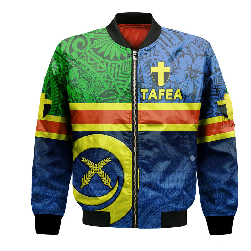 Unisex Tafea blue bomber jacket, full-zip with black collar and colorful flag print