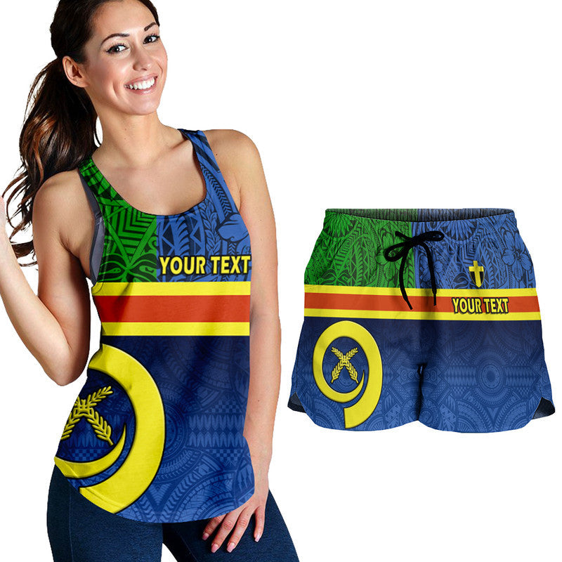 Blue racerback tank with 'YOUR TEXT' and matching drawstring shorts, Vanuatu flag print