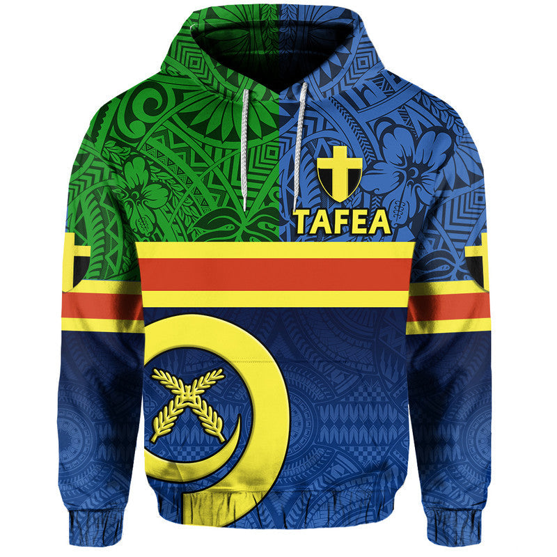 Hoodie with blue and green tribal print, yellow cross crest and TAFEA text