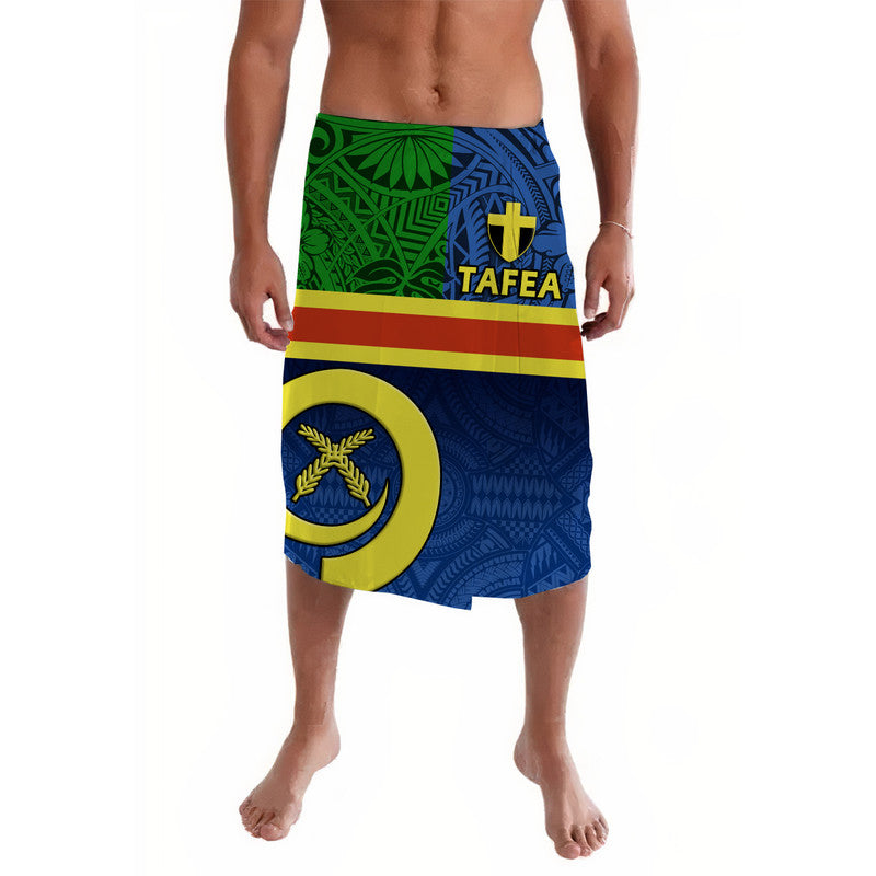 Blue wrap skirt with flag graphic, green leaf motifs, and yellow red stripe band