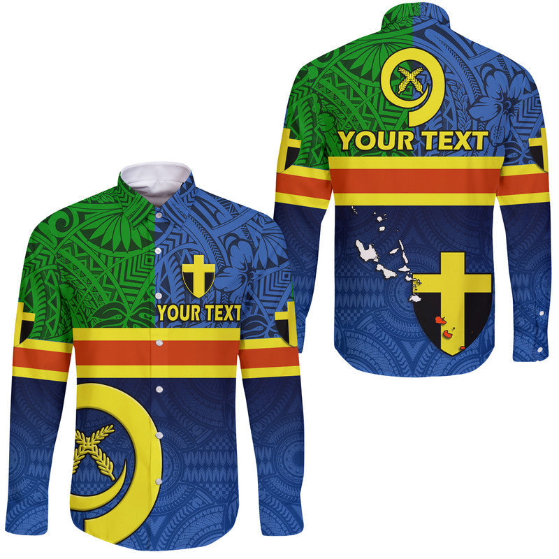Unisex long-sleeve button shirt in blue with green and yellow printed flag graphics, collar