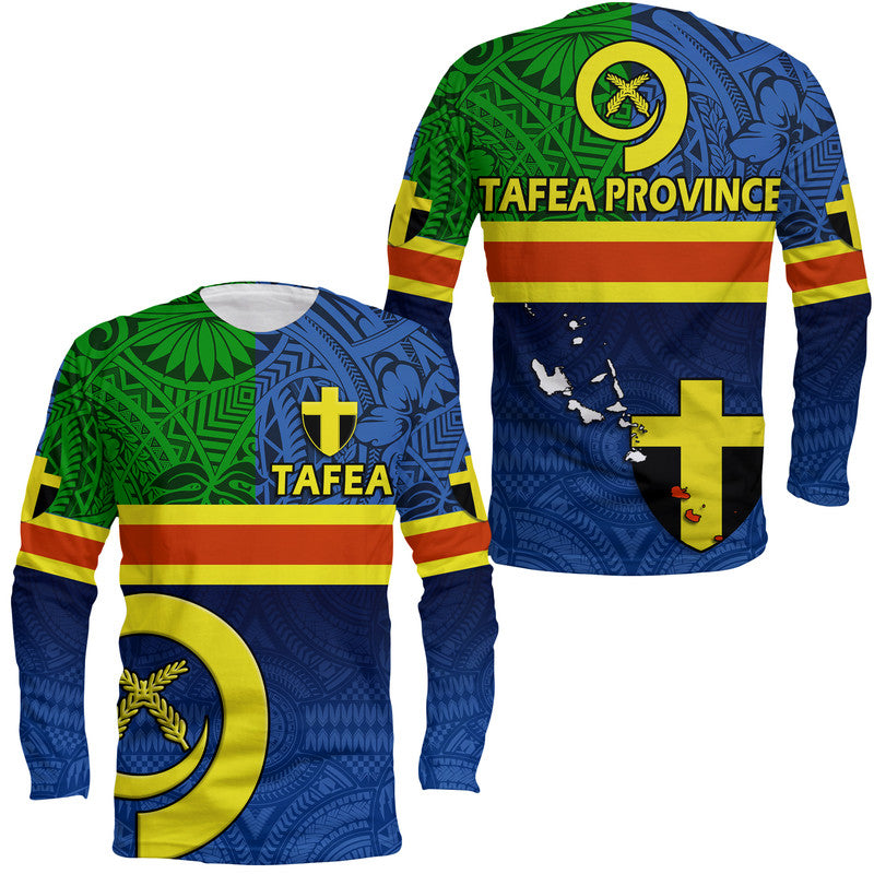 Long-sleeve Tafea flag style shirt in blue with green, yellow, and red graphics