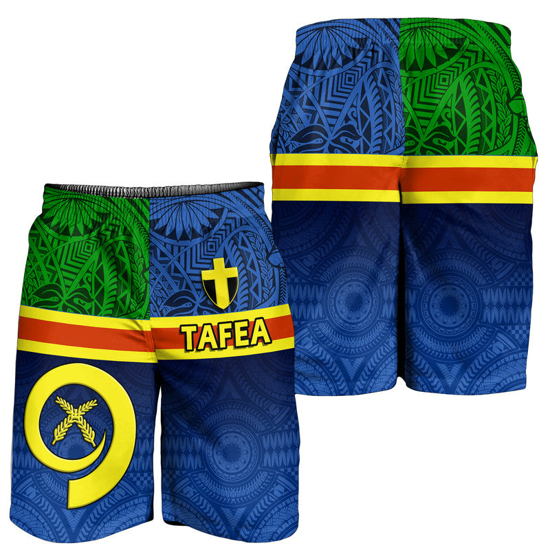 Men's Tafea flag-style swim shorts, blue with green panels, yellow stripes and TAFEA print