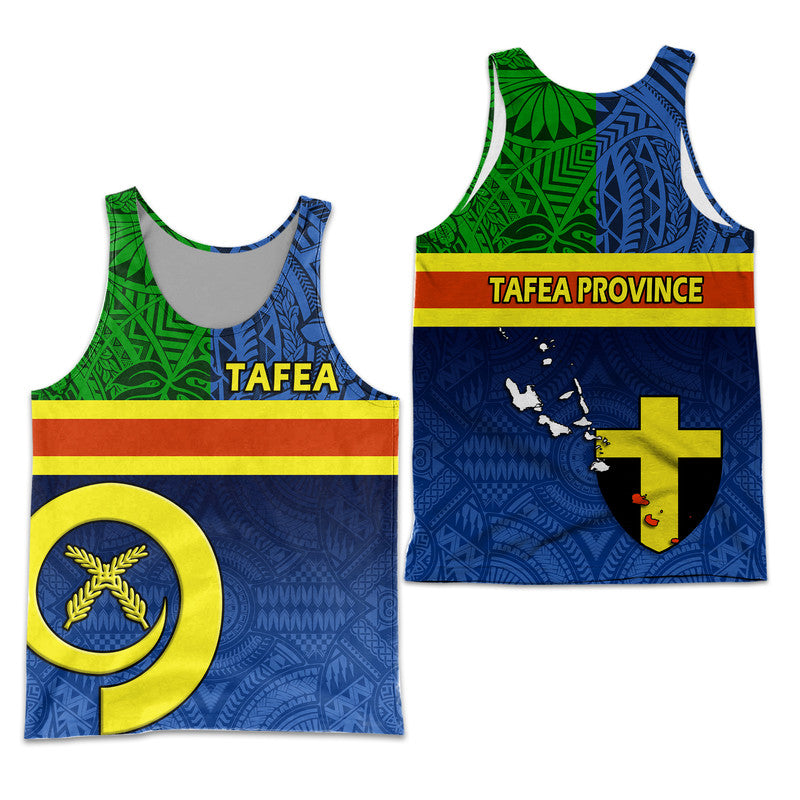 Men's tank top with blue and green flag print, red-yellow stripe band, sleeveless crew neck