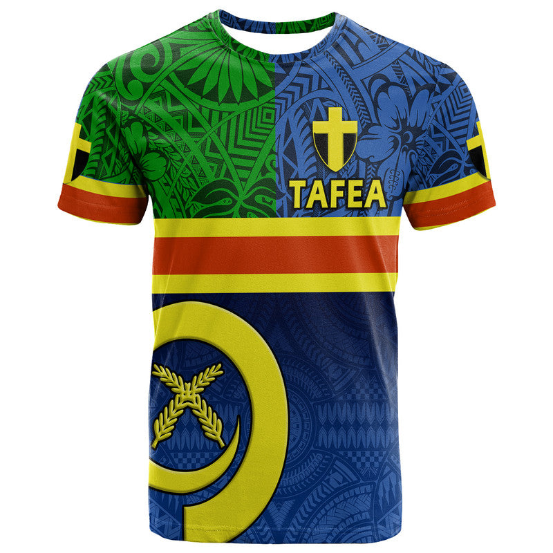 Tafea province day T-shirt, green and blue pattern, yellow stripes, cross and TAFEA print