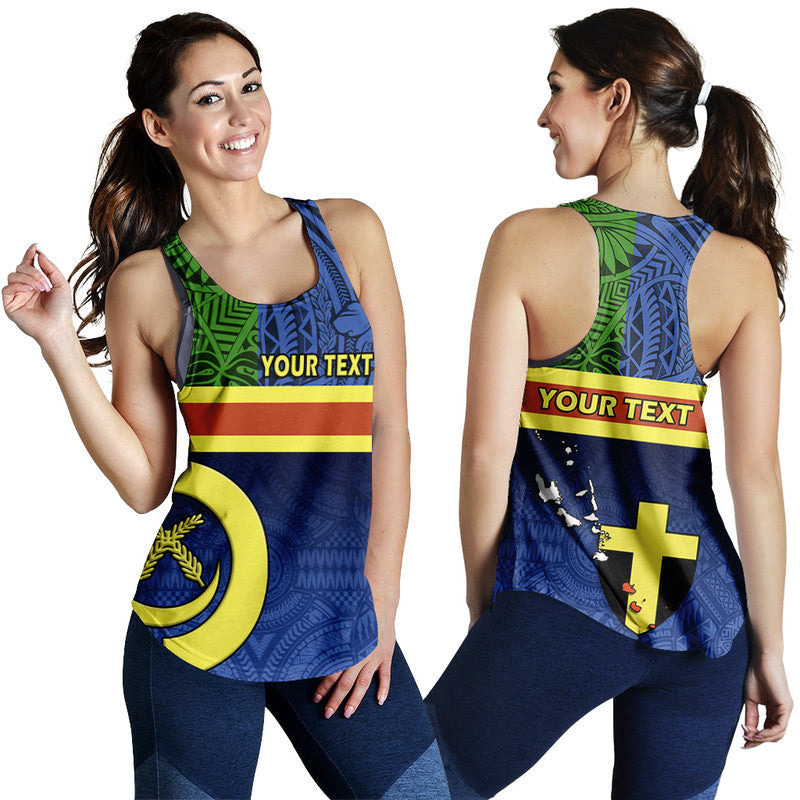 Women's blue racerback tank top with green and yellow flag graphic print and text
