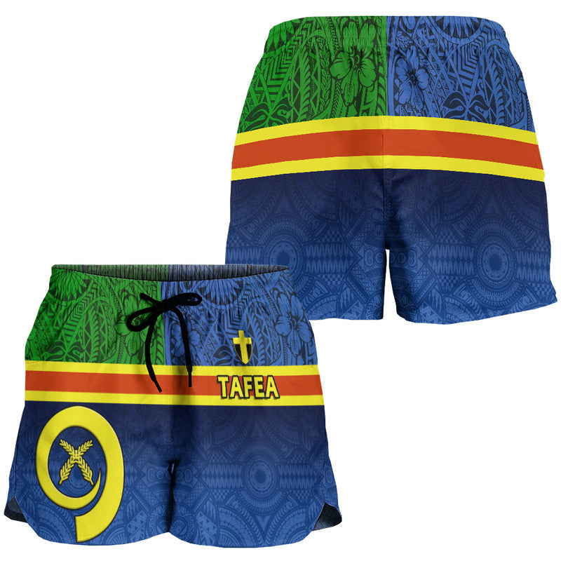 Women’s blue drawstring shorts with Tafea flag print, green panels, stripes and emblem