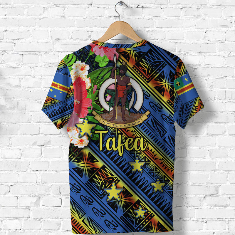 Blue Tafea T-shirt back with figure graphic, “Tafea” lettering, stars, and floral details