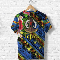 Blue Tafea T-shirt back with figure graphic, “Tafea” lettering, stars, and floral details