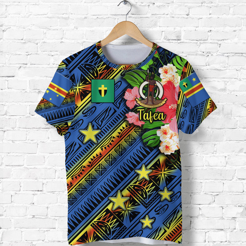 Blue Tafea T-shirt with colorful tribal print, flowers, stars, and Tafea text (front)