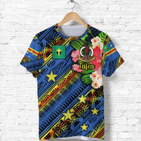 Blue graphic T-shirt with Tafea text, floral accents, stars and tribal pattern
