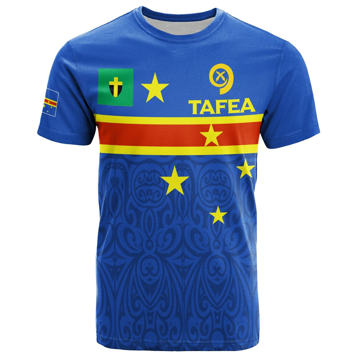 Blue Tafea province T-shirt with flag print, stars and TAFEA logo on front
