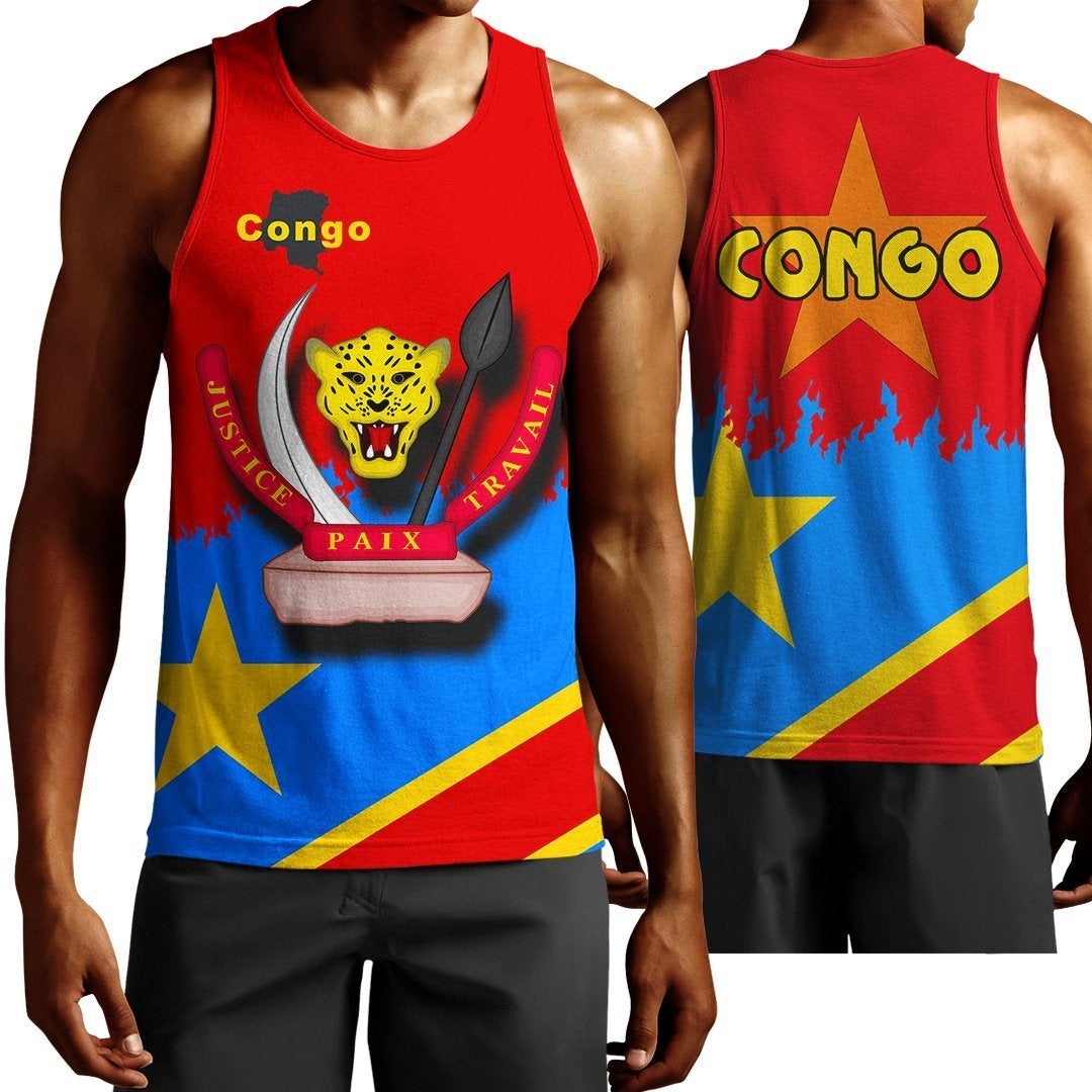 Red Congo graphic tank top with blue, yellow flag print, star and Congo text