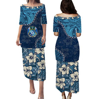 Blue tapa print long dress, off-shoulder front and back view with straight hem