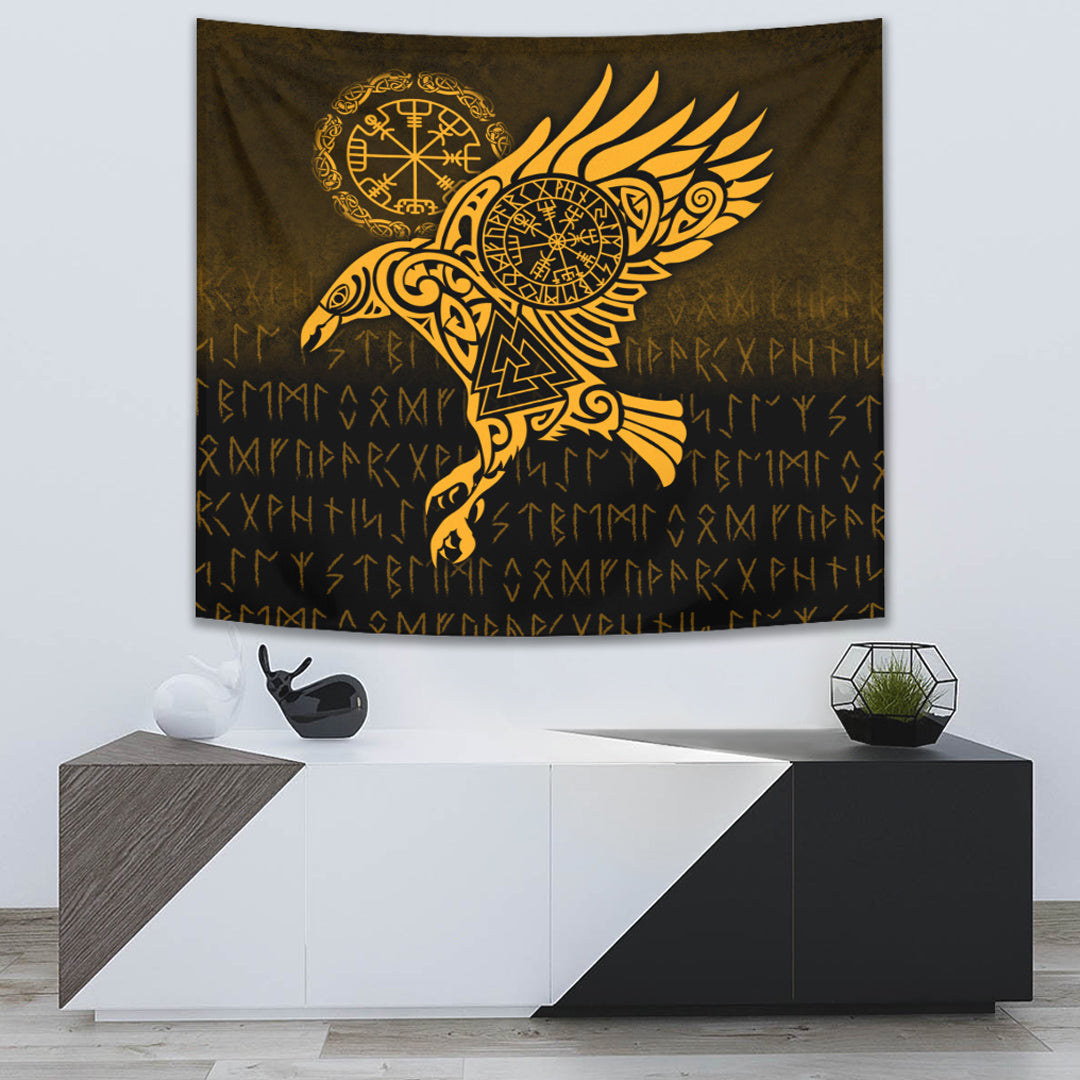 viking-tapestry-raven-vegvisir-tattoo-gold-version-tapestry