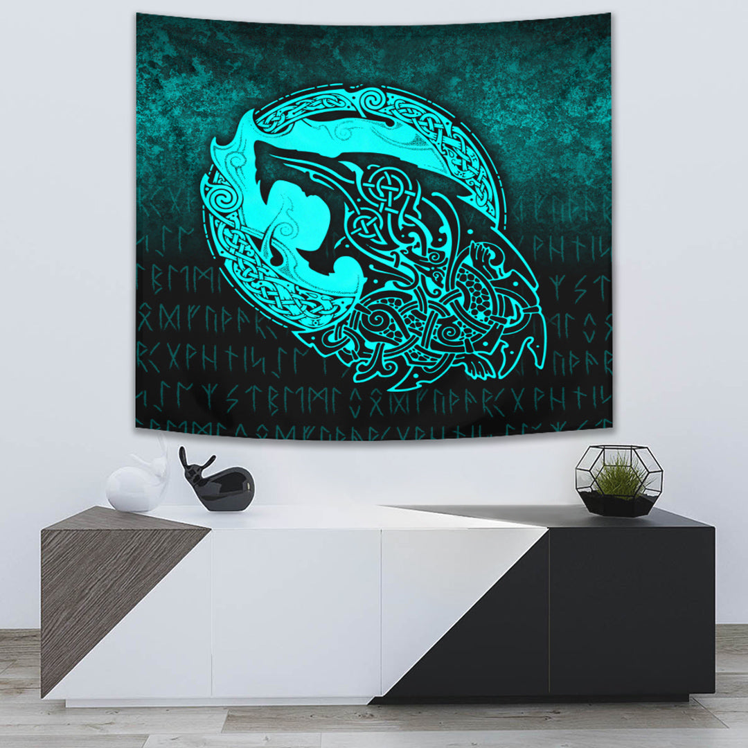 Viking Tapestry - Fenrir Viking 3D Tattoo - Cyan Version Tapestry RLT12 - Wonder Print Shop