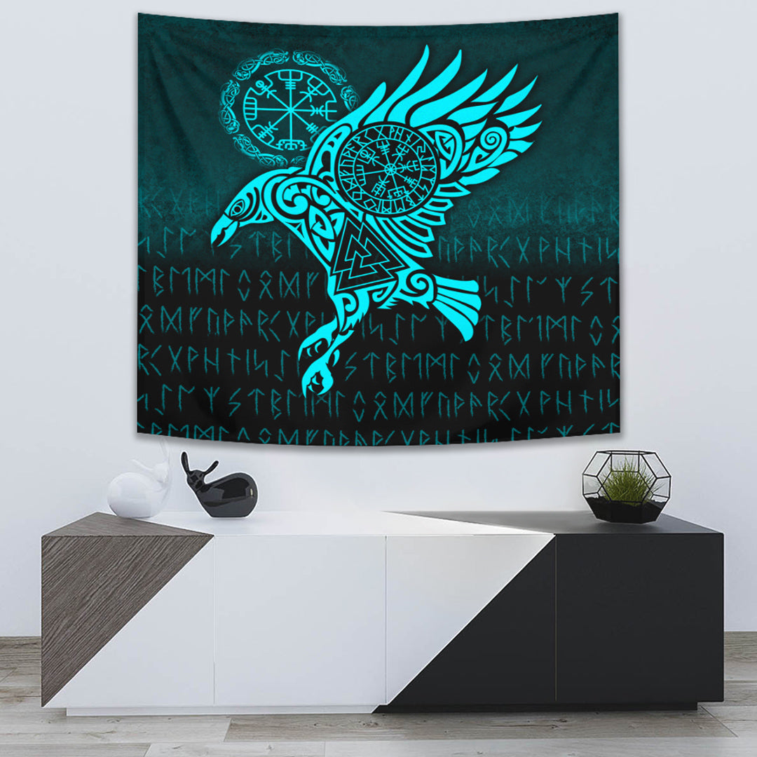 viking-tapestry-raven-vegvisir-tattoo-cyan-version-tapestry