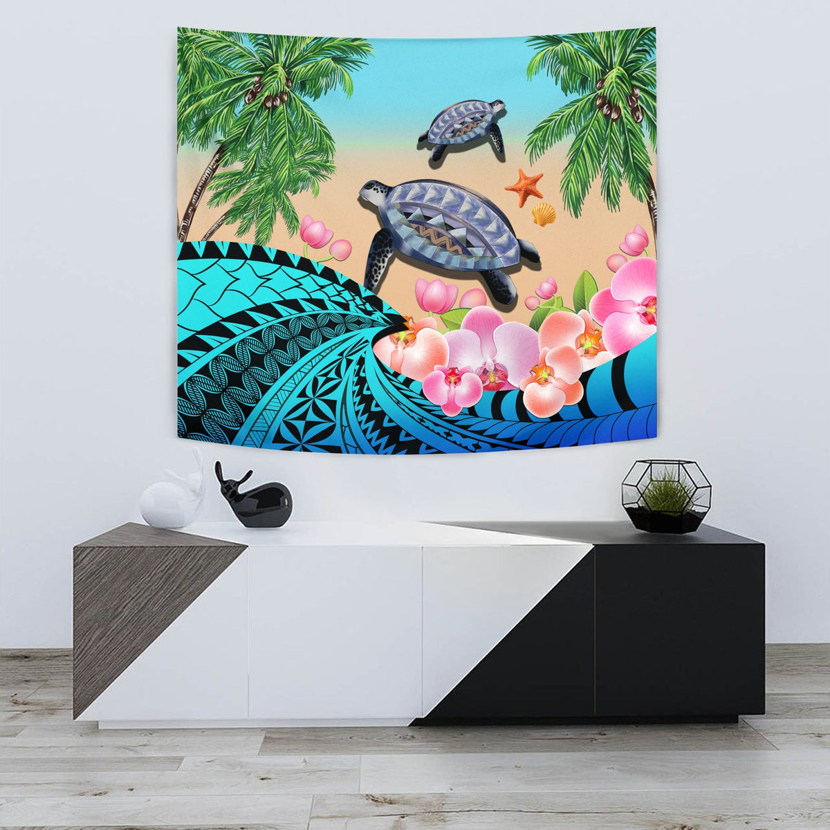 Blue tropical tapestry with sea turtles, palm trees, pink orchids, and wave patterns