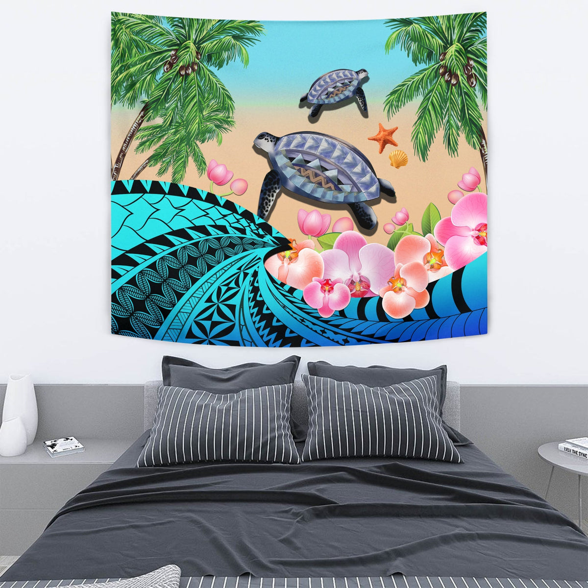 Blue tropical tapestry with two sea turtles, pink orchids, starfish, palm trees, waves