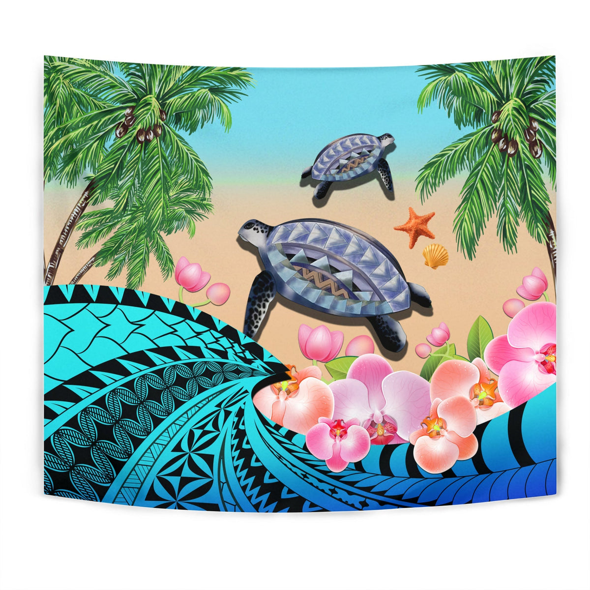 Blue tropical tapestry with sea turtles, pink orchids, palm leaves, ocean waves