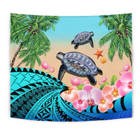 Blue tropical tapestry with sea turtles, pink orchids, palm leaves, ocean waves