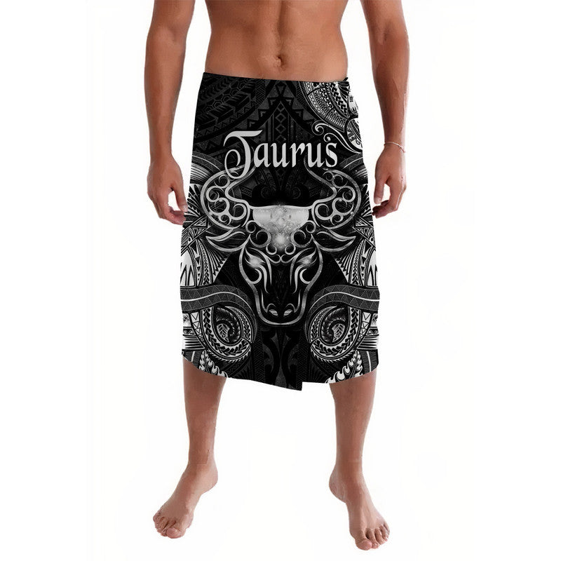 Black lavalava sarong with Taurus zodiac graphic and ornate tribal patterns, knee length