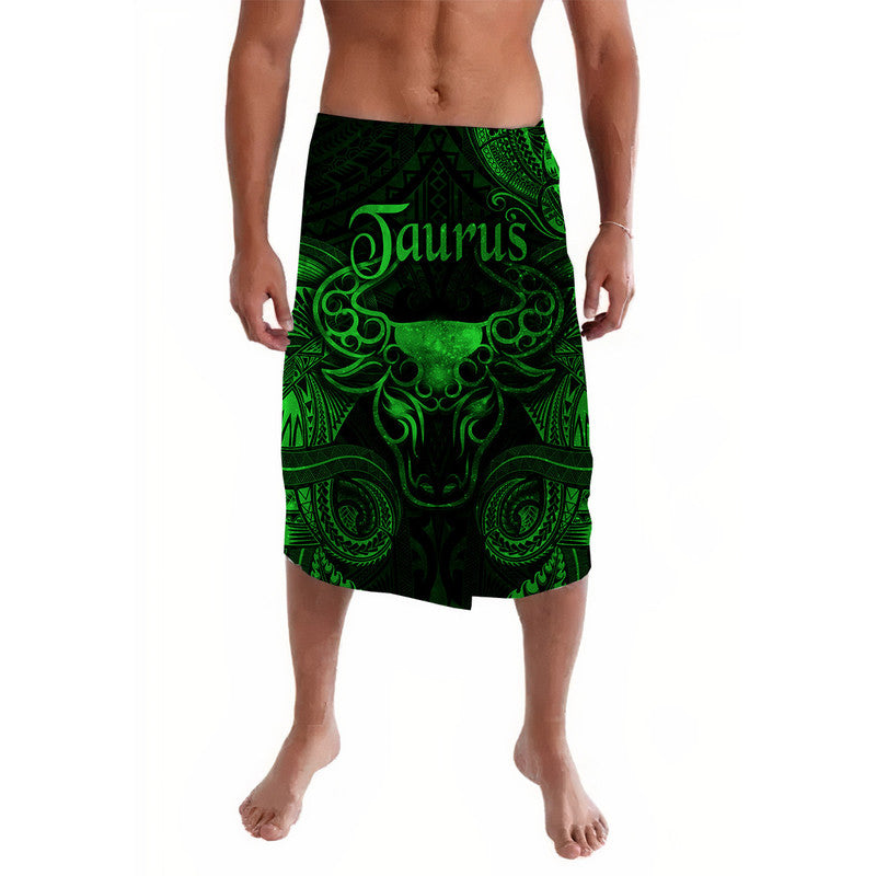 Green Taurus patterned lavalava skirt with tribal motifs, front view