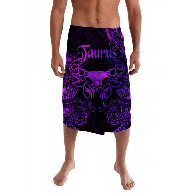 Purple Taurus zodiac lavalava sarong with ornate tribal patterns, mid-thigh length