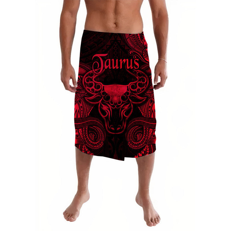 Red and black Taurus graphic lavalava wrap skirt with Polynesian pattern, front view