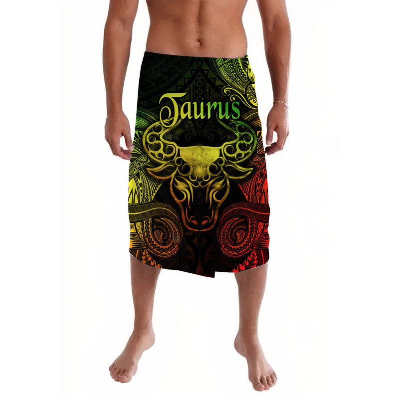 Men's black lavalava with Taurus zodiac graphic in green, yellow and red, front view