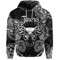 Black pullover hoodie, Taurus front graphic with Polynesian patterns; hood and kangaroo pocket