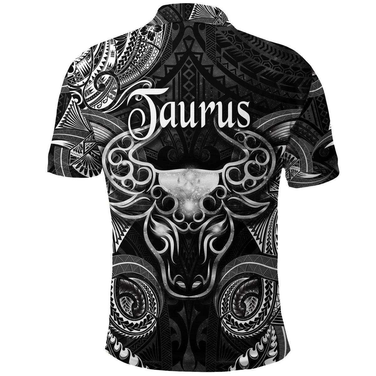Black collared polo back with large Taurus polynesian bull graphic, black-and-white