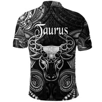 Black collared polo back with large Taurus polynesian bull graphic, black-and-white