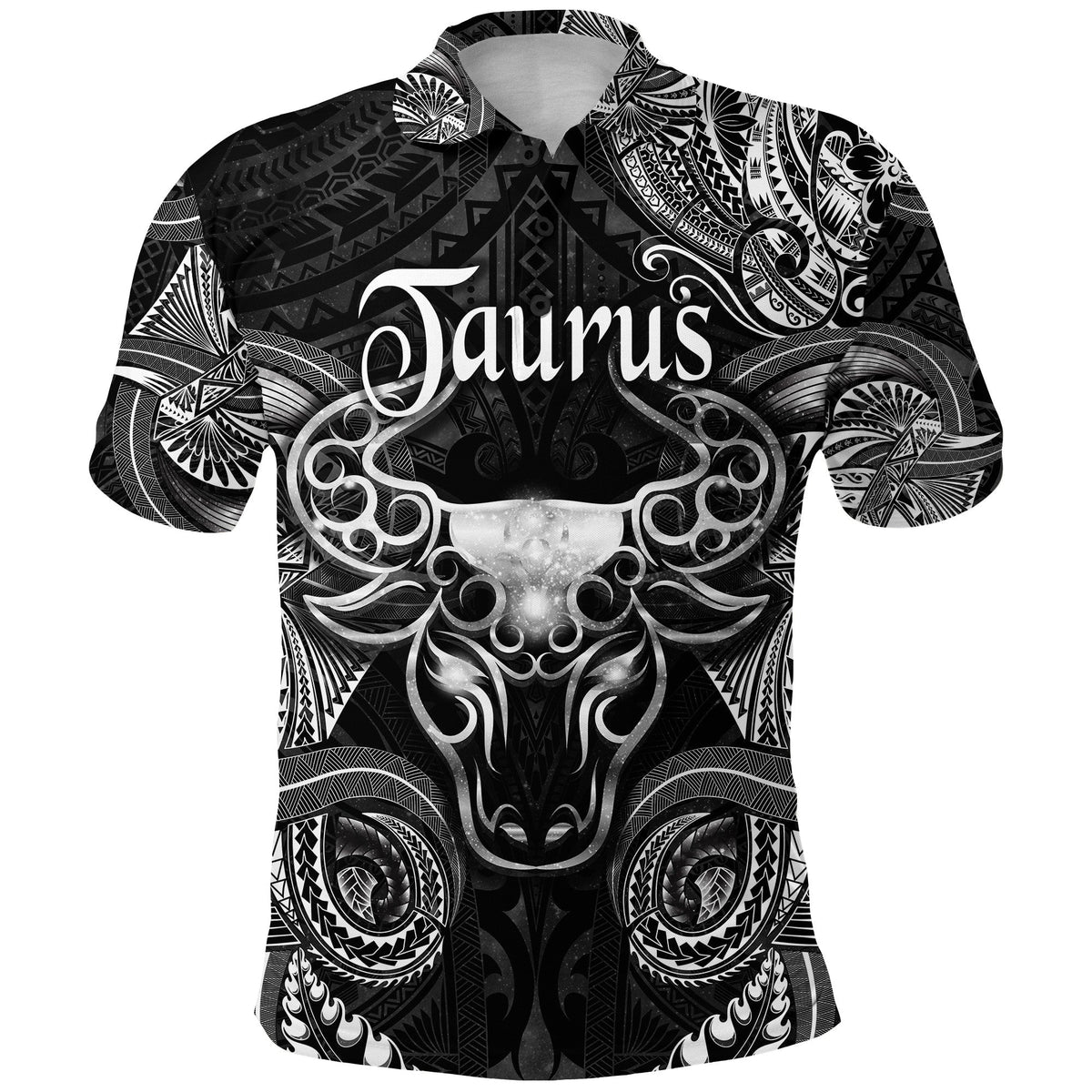 Black collared polo with Taurus polynesian bull print in black and white