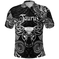 Black collared polo with Taurus polynesian bull print in black and white