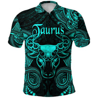 Turquoise and black Taurus Polynesian polo shirt with ornate bull head graphic on front