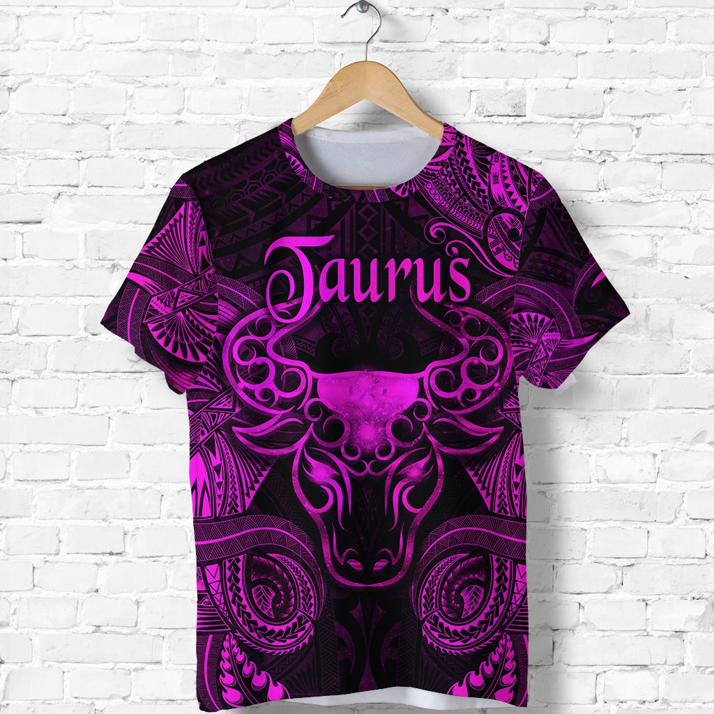 Taurus Polynesian style T-shirt with purple ornamental bull head graphic