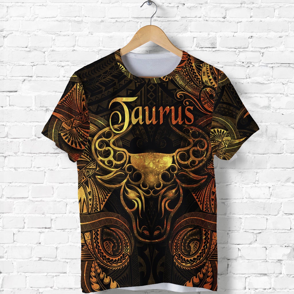 Black Taurus zodiac Polynesian T-shirt with gold swirling centerpiece and 'Taurus' text
