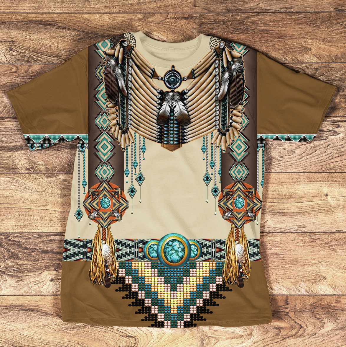 Cream 3D graphic T-shirt with Native-inspired feather and beaded jewelry design, multicolor