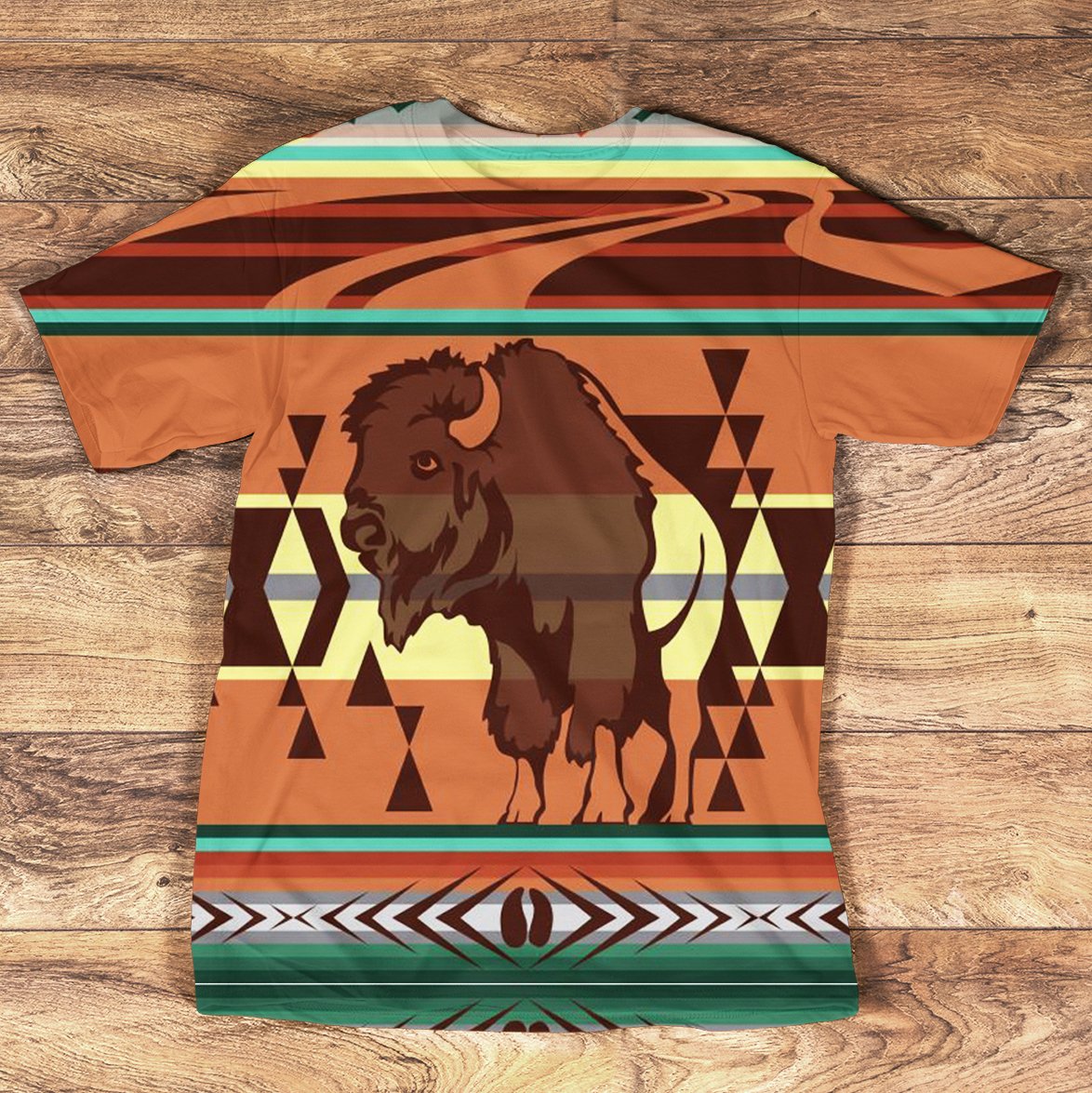 Orange T-shirt with 3D bison graphic and geometric stripe design, multicolor