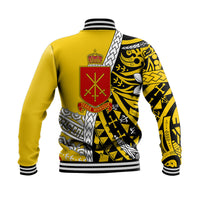 Gold baseball jacket back with black tribal print, white geometric band, striped rib hem