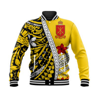 Gold baseball jacket with black patterned sleeves, white trim, button front, crest on chest