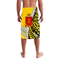 Yellow and black Polynesian patterned shorts with white geometric paneling and emblem