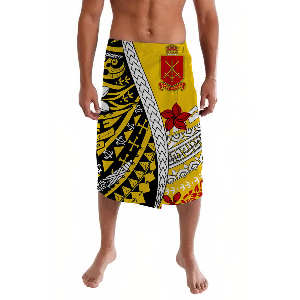 Gold and black Polynesian patterned shorts with white and red graphic panels