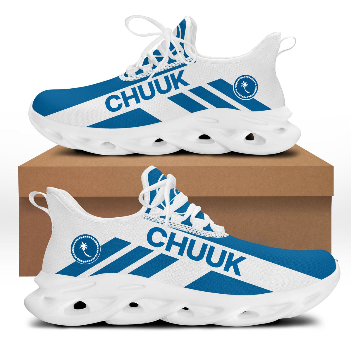 Angled white clunky sneakers with blue CHUUK print; thick white sole with oval cutouts