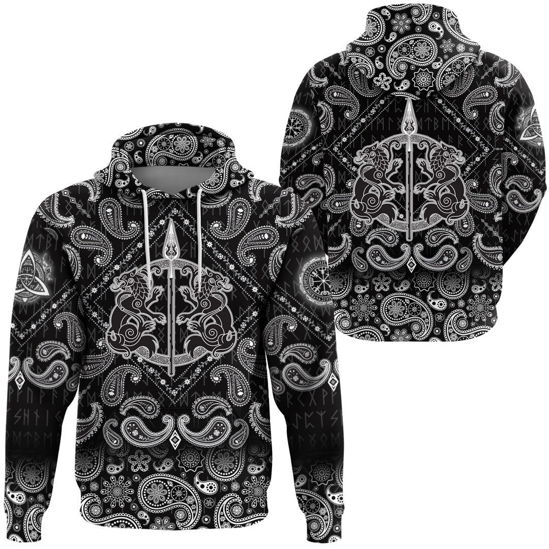 Viking Hoodie The Spear Of The God Odin Gungnir Two Wolves with Bandana Paisley Style RLT12 - Wonder Print Shop