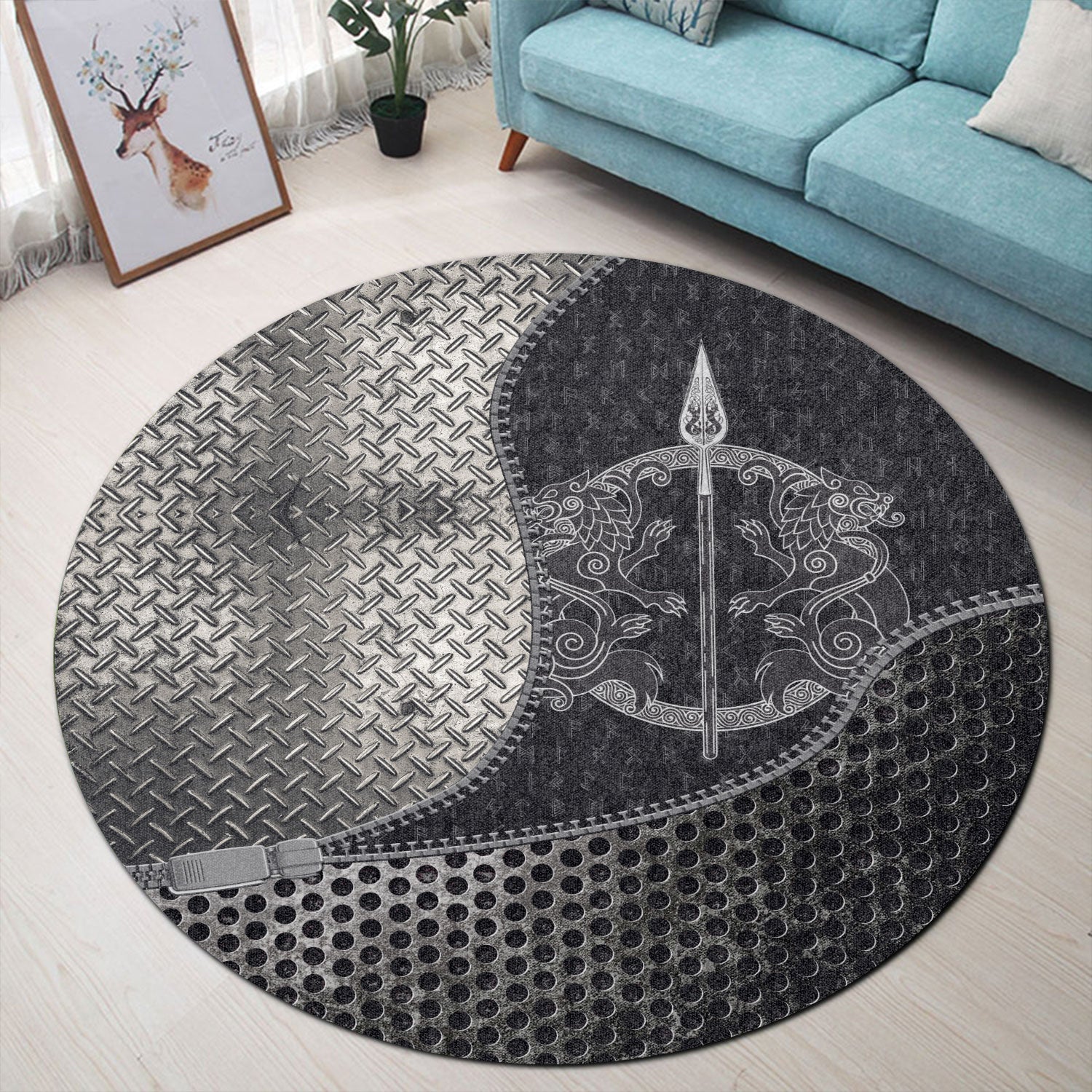 viking-carpet-the-spear-of-the-god-odin-gungnir-two-wolves-round-carpet